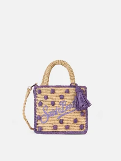 Beigefarbene, natürliche Mini-Kosmetiktasche aus Raffiabast mit gepunkteten Applikationen