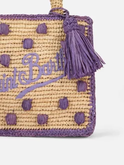 Beigefarbene, natürliche Mini-Kosmetiktasche aus Raffiabast mit gepunkteten Applikationen