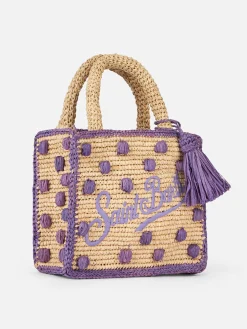 Beigefarbene, natürliche Mini-Kosmetiktasche aus Raffiabast mit gepunkteten Applikationen