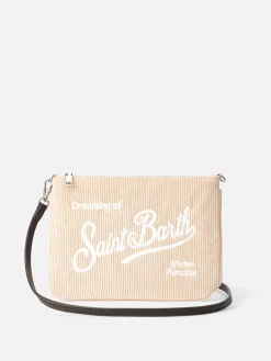 Beigefarbene Parisienne-Tasche aus Cord mit Kette