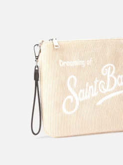 Beigefarbene Parisienne-Tasche aus Cord mit Kette