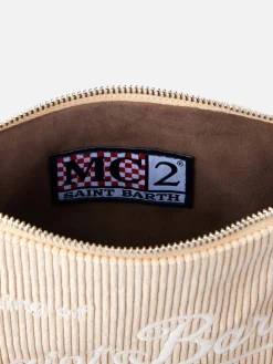 Beigefarbene Parisienne-Tasche aus Cord mit Kette