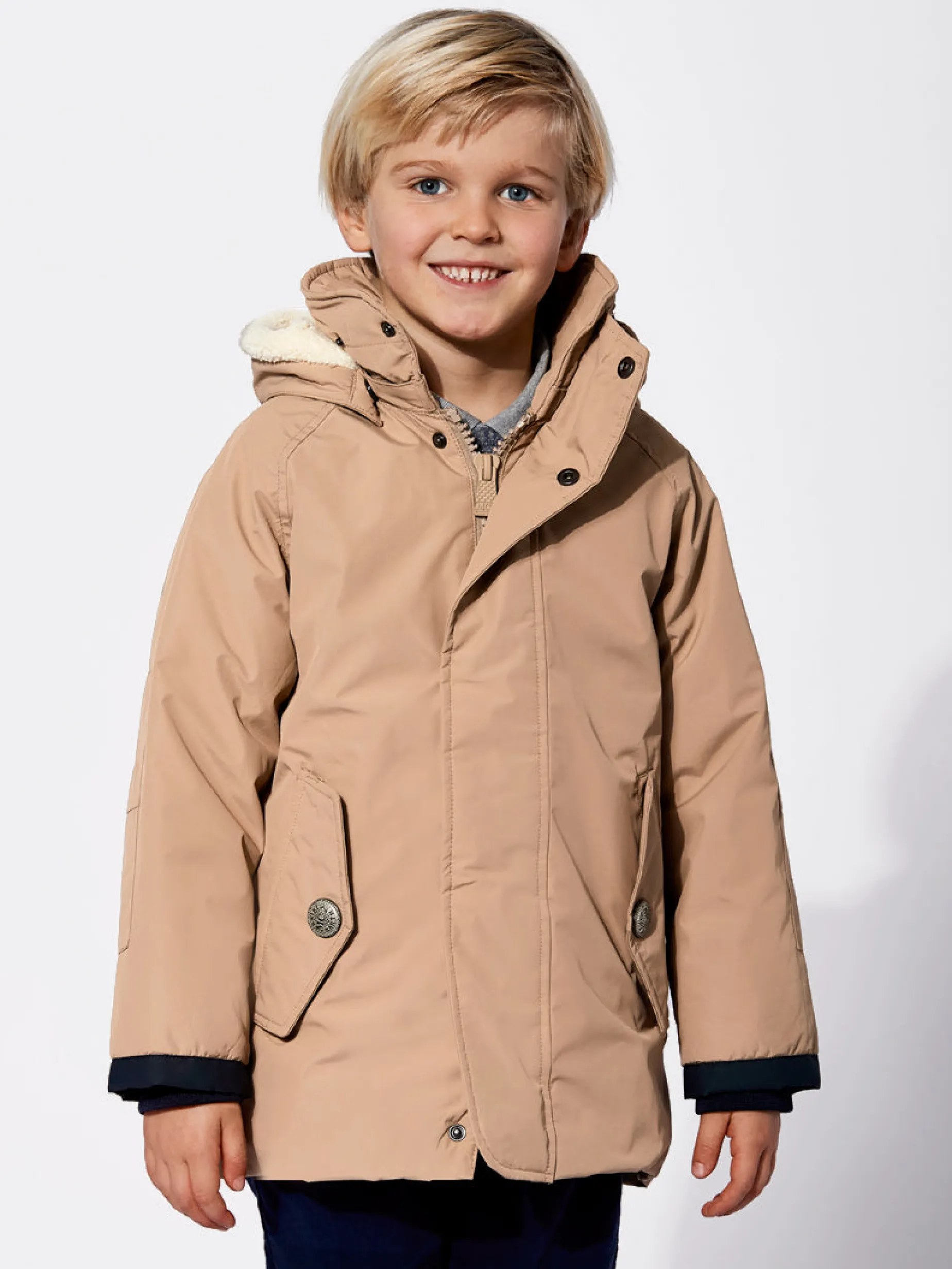 Beigefarbene Voyager Jr Parkajacke für Jungen mit Kapuze