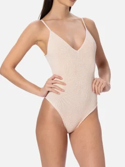 Beigefarbener Crinkle-Einteiler-Badeanzug für Damen Susanne