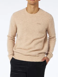 Beigefarbener Herrenpullover aus Stretchwolle mit St. Barth-Stickerei