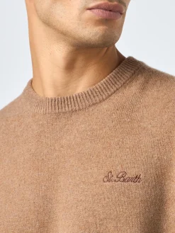 Beigefarbener Herrenpullover mit Rundhalsausschnitt und St. Barth-Stickerei