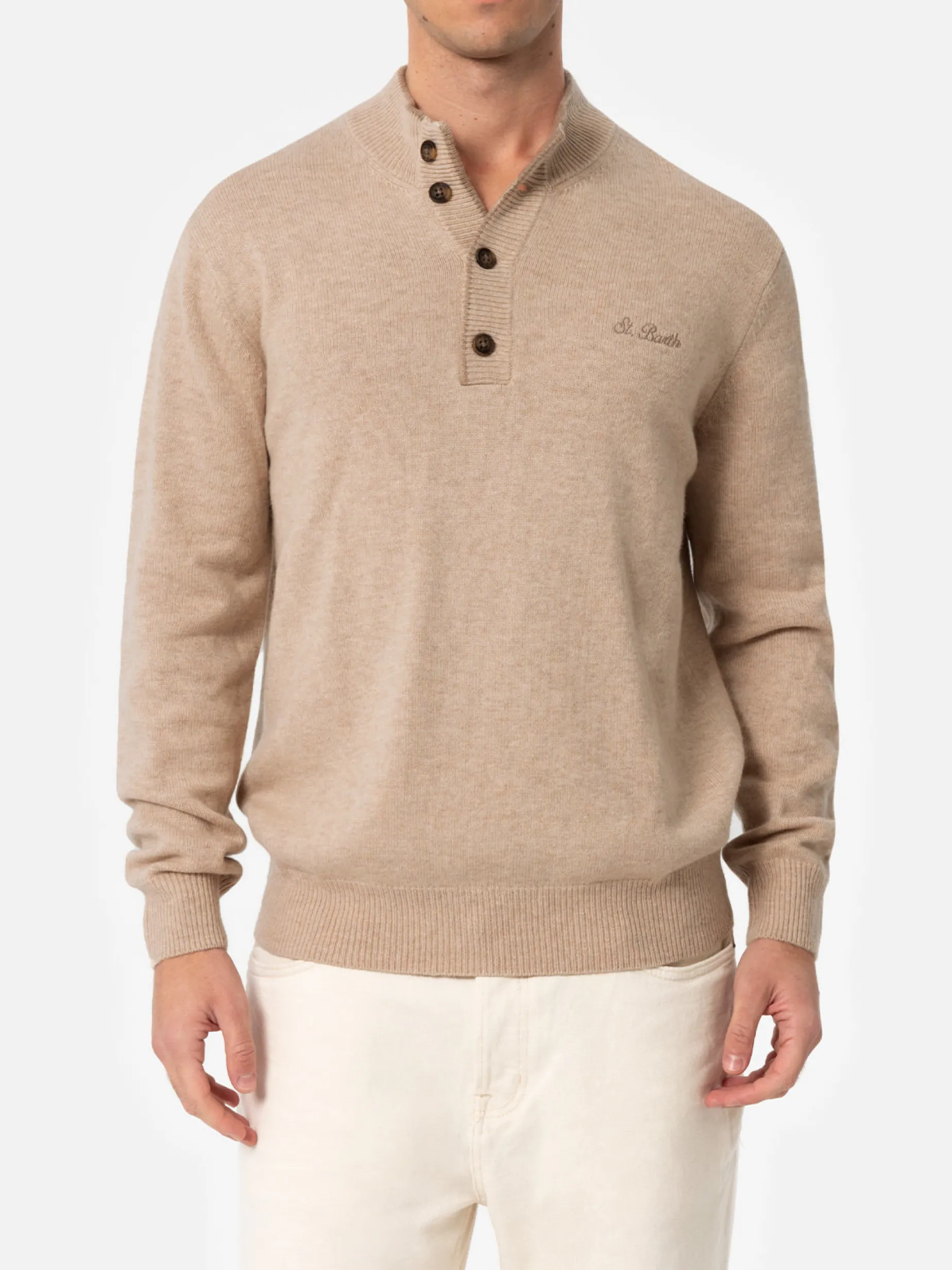 Beigefarbener Polopullover Dorian aus Kaschmirmischung für Herren
