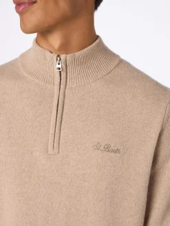 Beigefarbener Pullover Jermyn aus Lammwolle mit Viertelreißverschluss für Herren