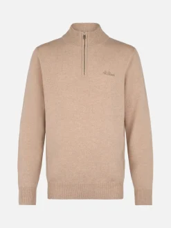 Beigefarbener Pullover Jermyn aus Lammwolle mit Viertelreißverschluss für Herren