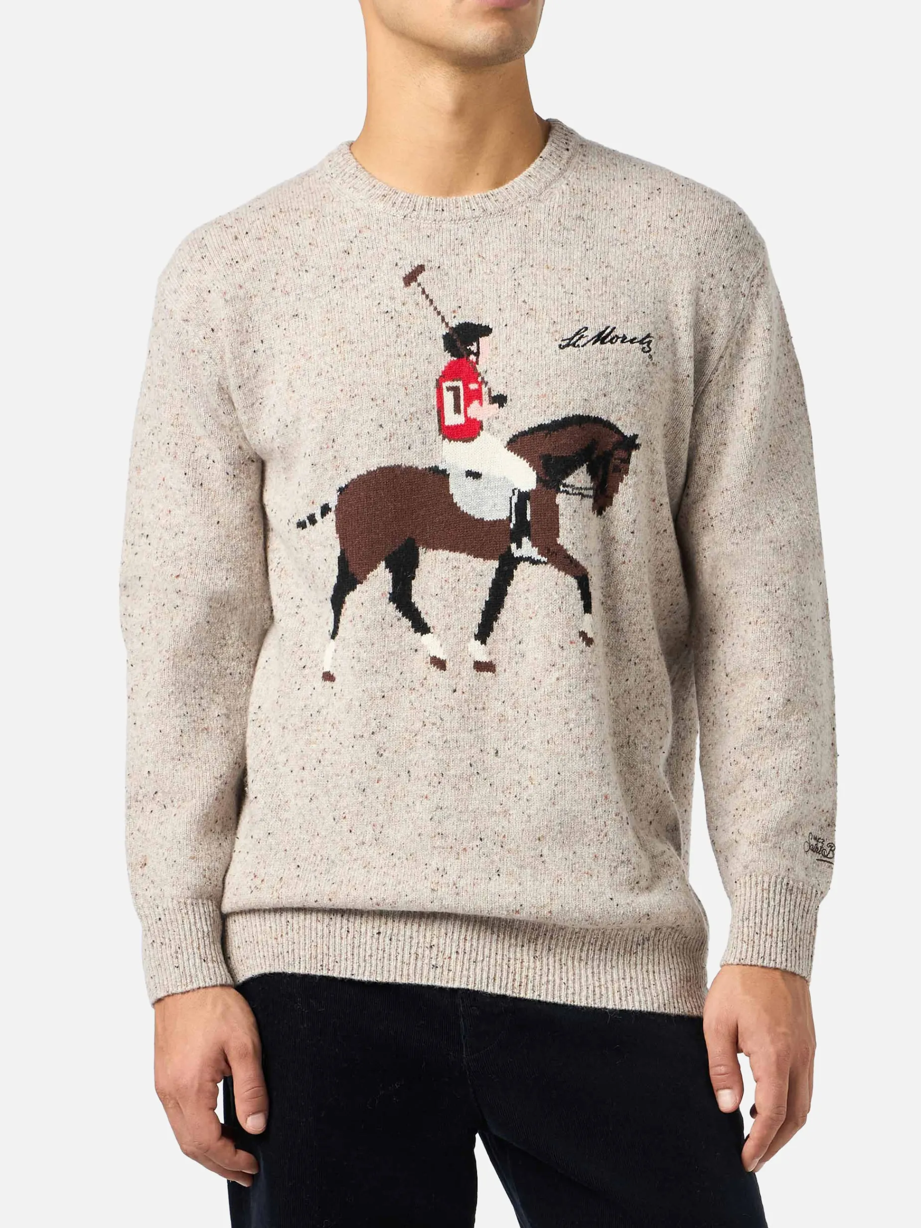 Beiger Herrenpullover Heron mit Moritz Polo-Stickerei