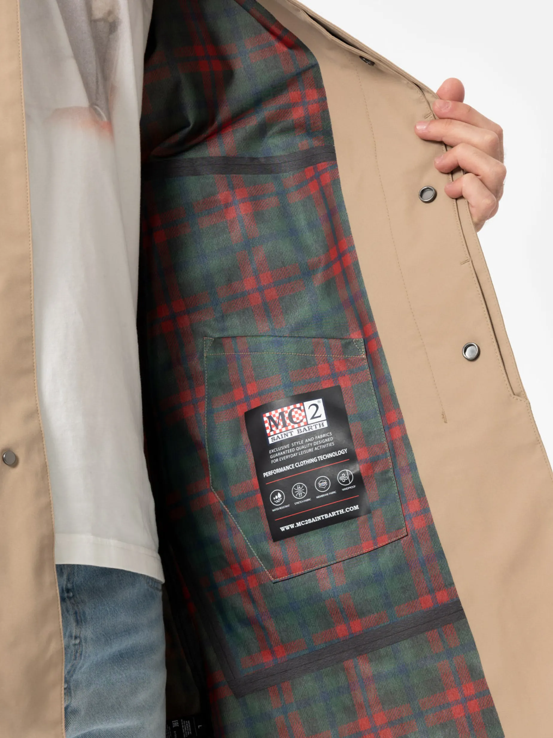 Beiger Trenchcoat Elbert aus Stretchgewebe mit Paspel