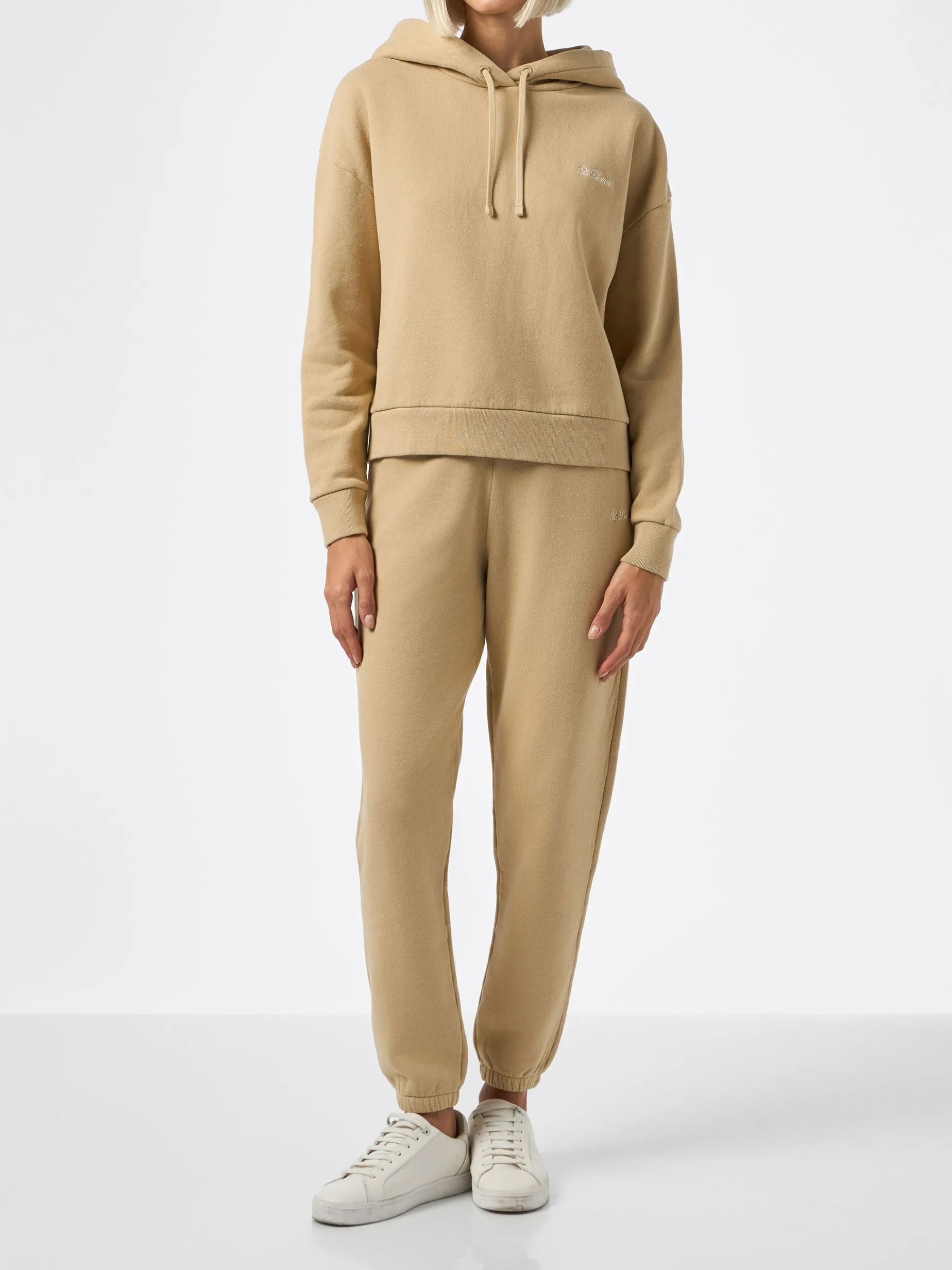 Beiges Damen-Sweatshirt aus Fleece-Baumwolle mit Kapuze Mindy