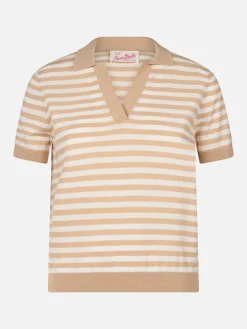 Beiges gestreiftes Strickpolo für Damen Evonne