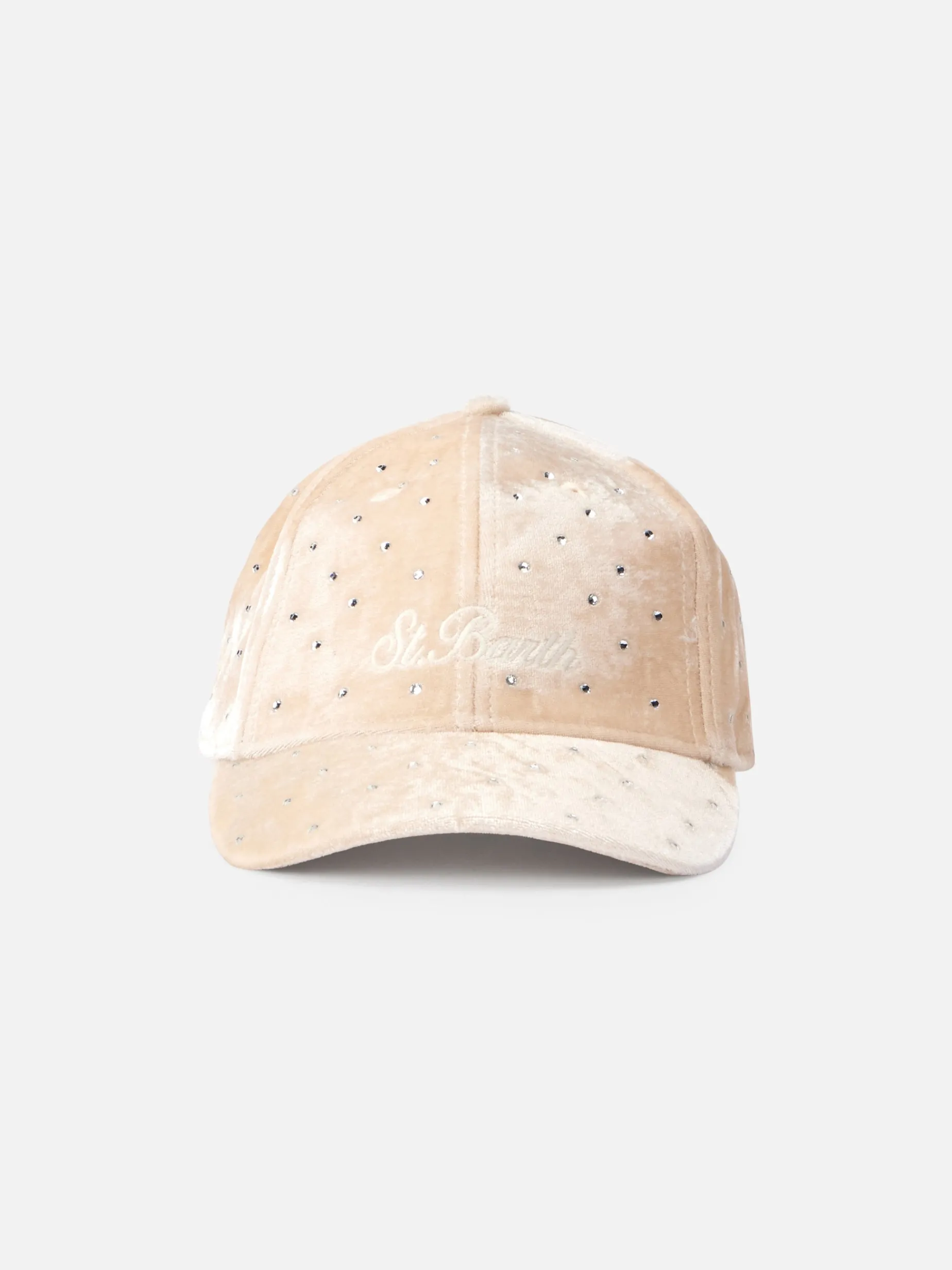 Beiges Samt-Baseball-Cap mit Strass-Verzierung