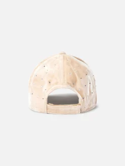 Beiges Samt-Baseball-Cap mit Strass-Verzierung