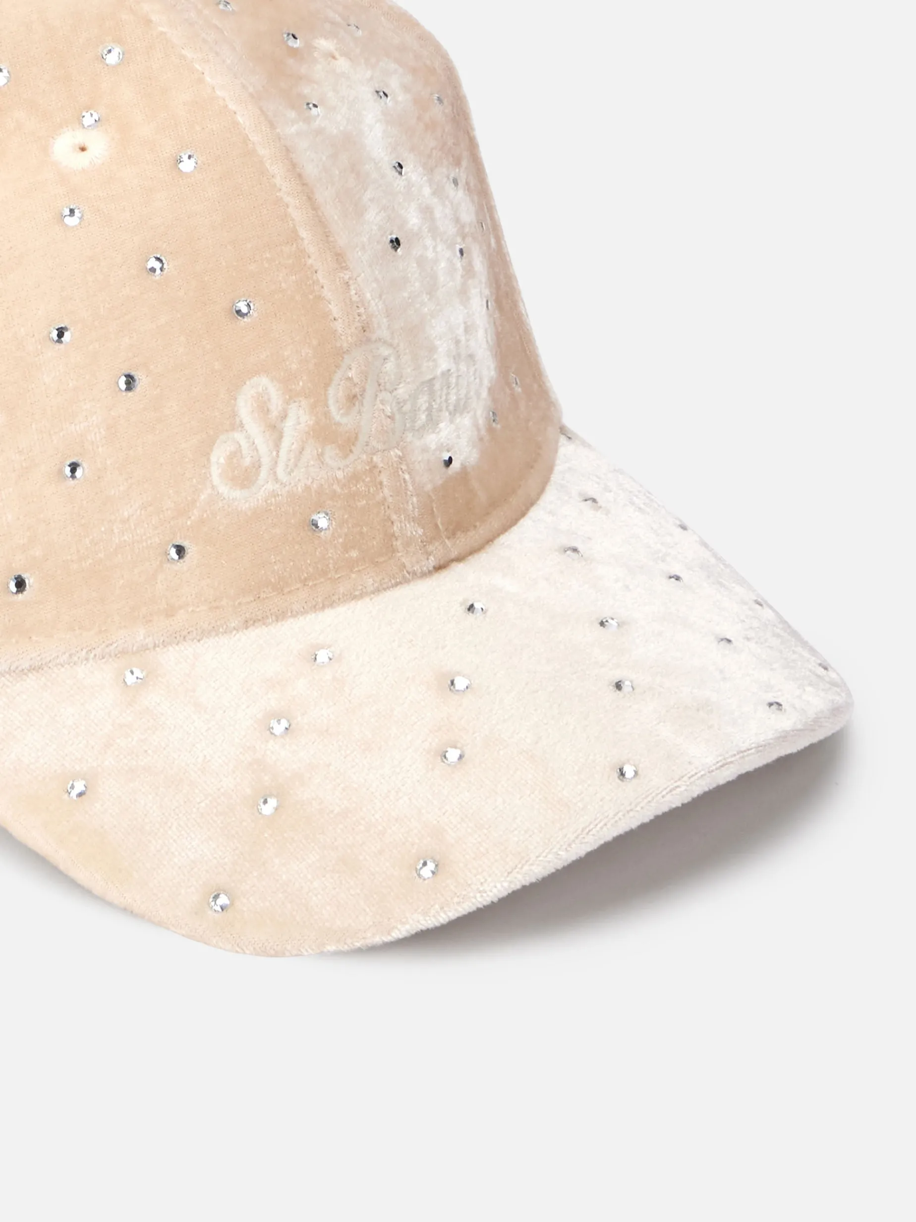 Beiges Samt-Baseball-Cap mit Strass-Verzierung