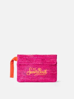Beuteltasche aus fuchsiafarbenem Bast mit Saint Barth-Stickerei