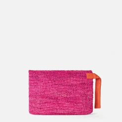 Beuteltasche aus fuchsiafarbenem Bast mit Saint Barth-Stickerei