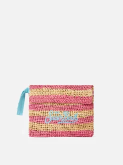 Beuteltasche aus gestreiftem Bast mit Saint Barth-Stickerei