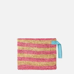 Beuteltasche aus gestreiftem Bast mit Saint Barth-Stickerei
