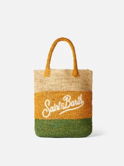 Beuteltasche aus Raffiabast mit mehrfarbigen Streifen und Stickerei