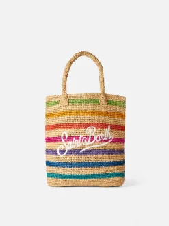Beuteltasche aus Raffiabast mit mehrfarbigen Streifen und Stickerei