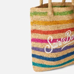 Beuteltasche aus Raffiabast mit mehrfarbigen Streifen und Stickerei