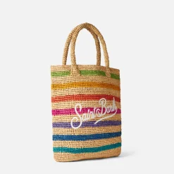 Beuteltasche aus Raffiabast mit mehrfarbigen Streifen und Stickerei