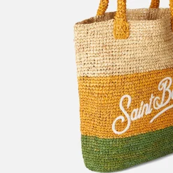 Beuteltasche aus Raffiabast mit mehrfarbigen Streifen und Stickerei