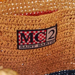 Beuteltasche aus Raffiabast mit mehrfarbigen Streifen und Stickerei