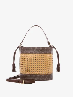 Beuteltasche aus Stroh mit braunen Monogrammdetails