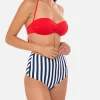 Bikini mit hohem Vintage-Badeanzug und blauem Streifenmuster