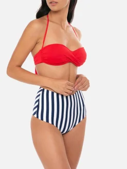 Bikini mit hohem Vintage-Badeanzug und blauem Streifenmuster