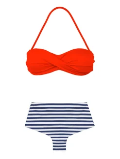 Bikini mit hohem Vintage-Badeanzug und blauem Streifenmuster
