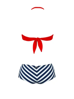Bikini mit hohem Vintage-Badeanzug und blauem Streifenmuster