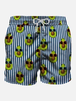 Blau gestreifte mittellange Badeshorts mit Avocado-Print