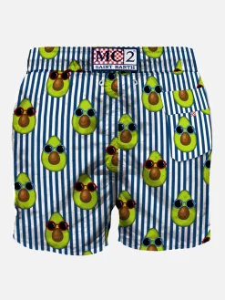 Blau gestreifte mittellange Badeshorts mit Avocado-Print