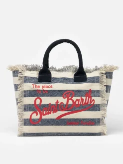 Blau gestreifte Vanity-Einkaufstasche aus Baumwollcanvas