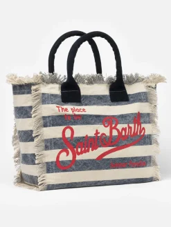 Blau gestreifte Vanity-Einkaufstasche aus Baumwollcanvas
