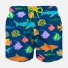 Blaue Badeshorts für Jungen mit buntem Fischmuster