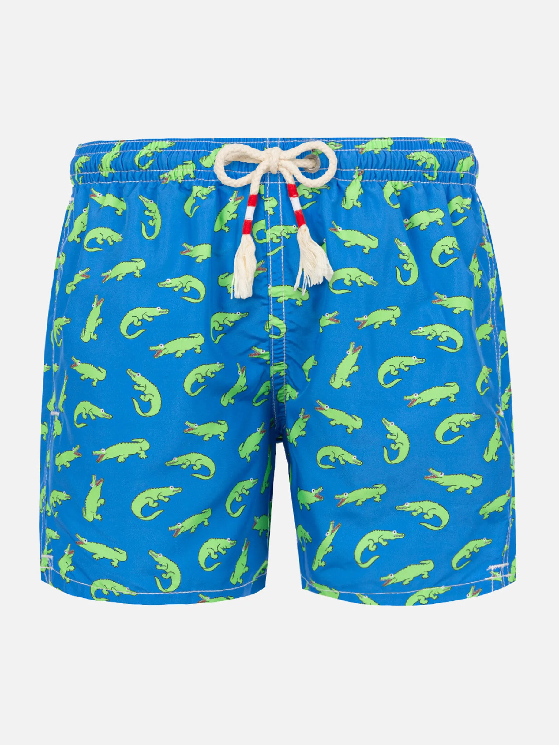 Blaue Badeshorts für Jungen mit grünem Alligatorprint