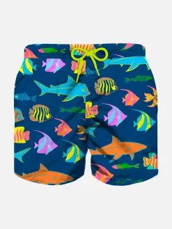 Blaue Badeshorts für Jungen mit buntem Fischmuster
