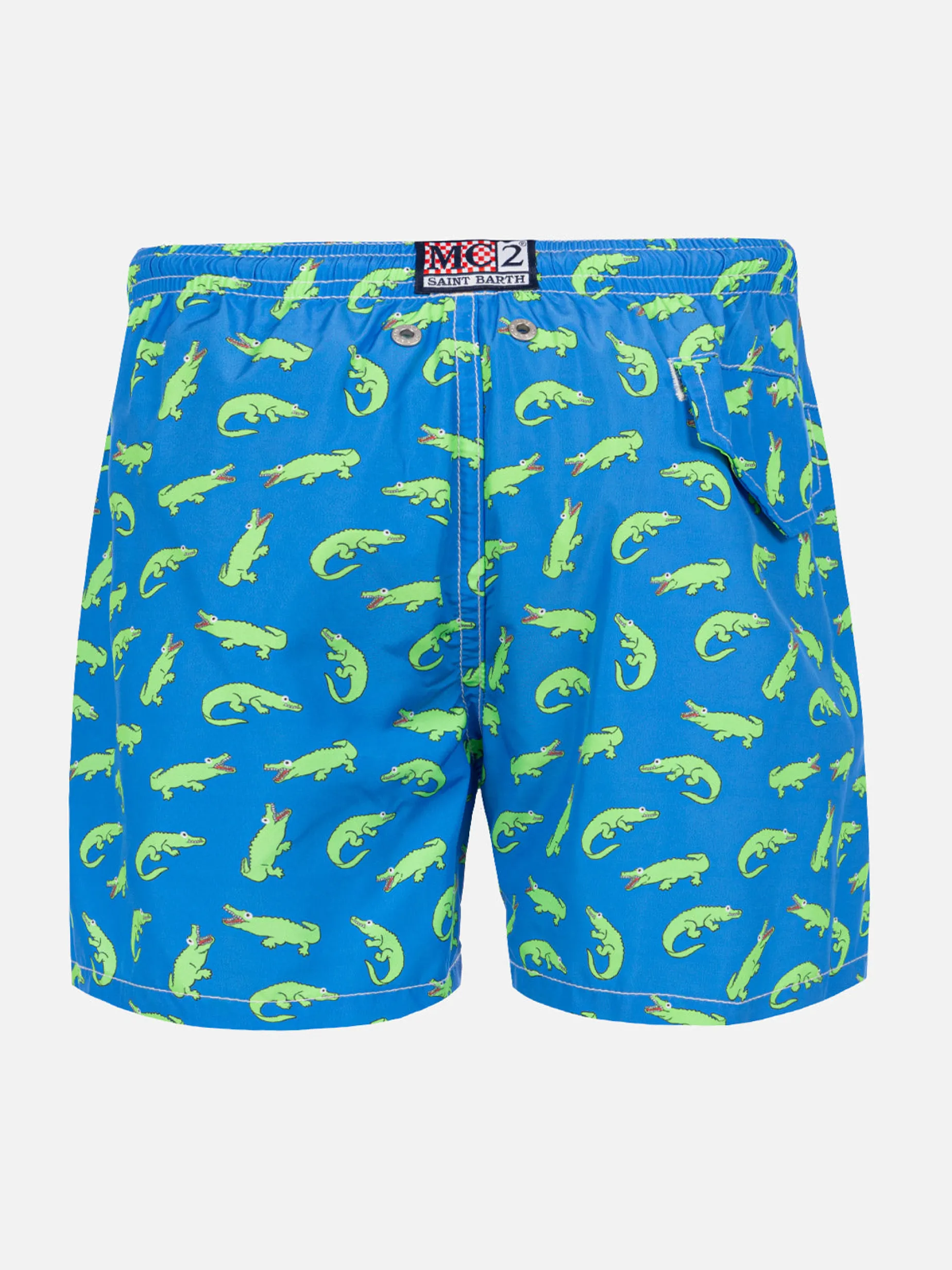 Blaue Badeshorts für Jungen mit grünem Alligatorprint