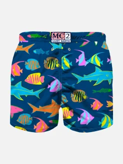 Blaue Badeshorts für Jungen mit buntem Fischmuster