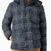 Blaue Daunenjacke mit Kapuze und Prince-of-Wales-Print