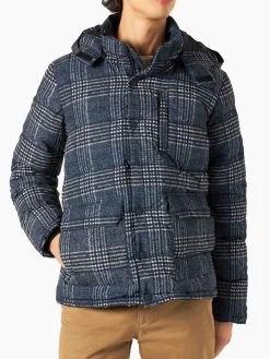 Blaue Daunenjacke mit Kapuze und Prince-of-Wales-Print