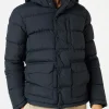 Blaue Daunenjacke mit Kapuze