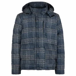 Blaue Daunenjacke mit Kapuze und Prince-of-Wales-Print