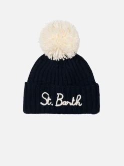 Blaue Jungenmütze Wengen mit Pompon und St. Barth Stickerei