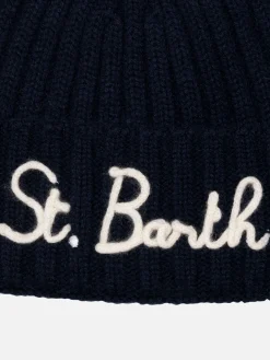 Blaue Jungenmütze Wengen mit Pompon und St. Barth Stickerei